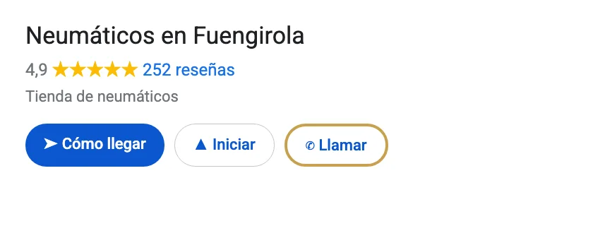 Ficha de Neumáticos en Fuengirola en Google, con el botón Llamar