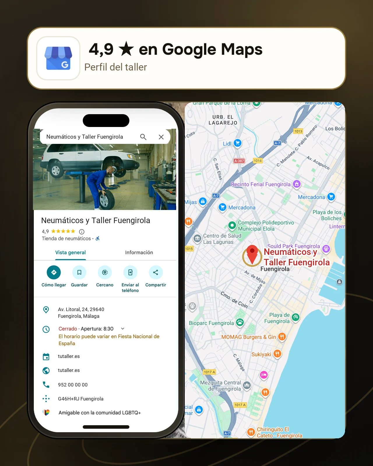 Ficha de Google de un taller de Fuengirola en un móvil, con 4,9 estrellas y su pin sobre el mapa de Fuengirola