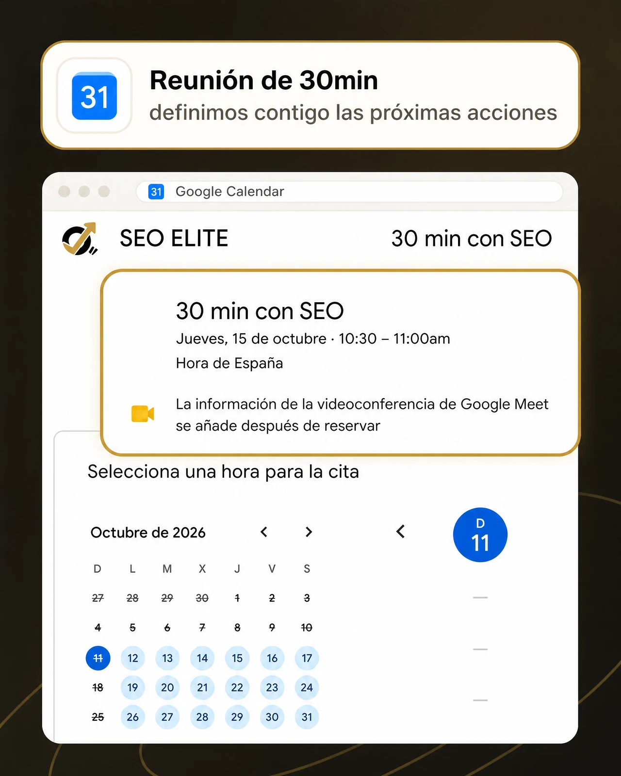Agenda de Google Calendar para reservar la reunión de 30min con Elite SEO
