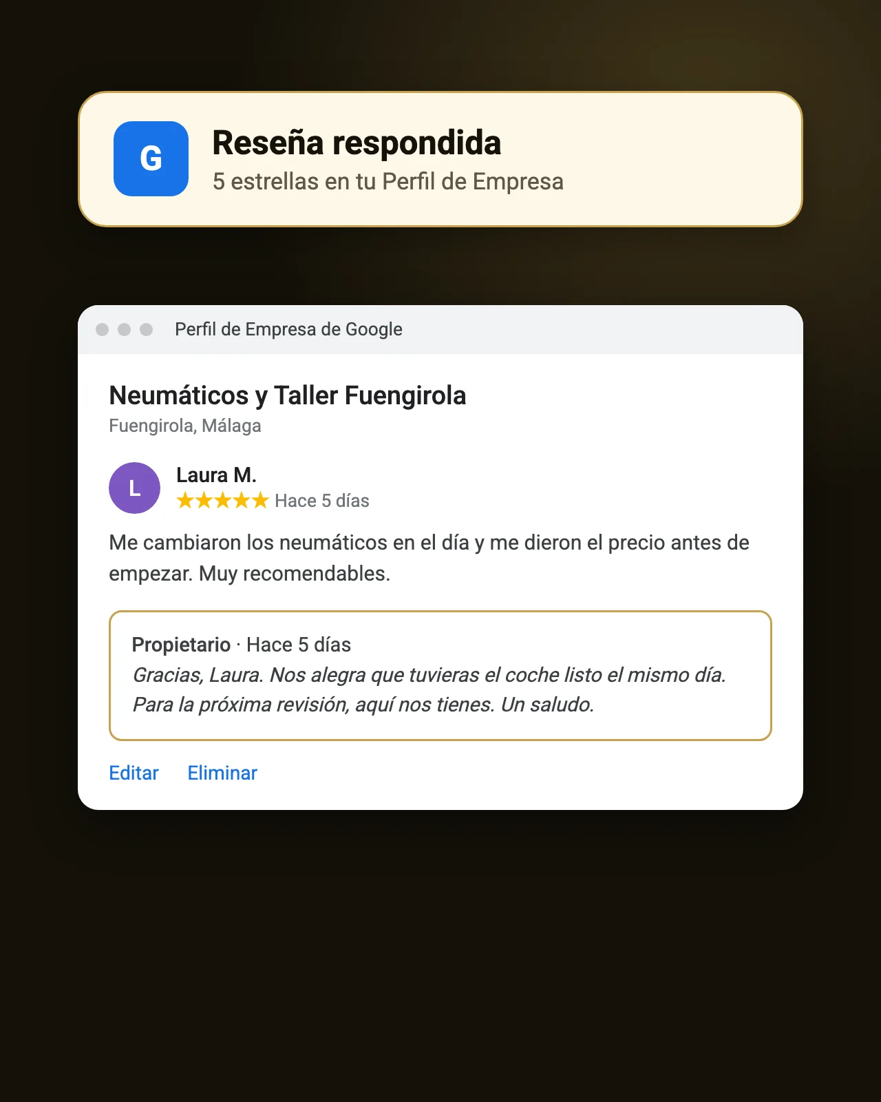 Reseña de cinco estrellas con respuesta de una empresa de control de plagas en su perfil de empresa de Google