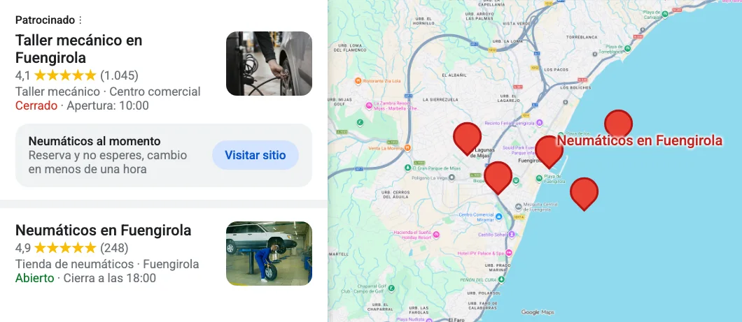 Resultados de Google Maps de una búsqueda en Fuengirola