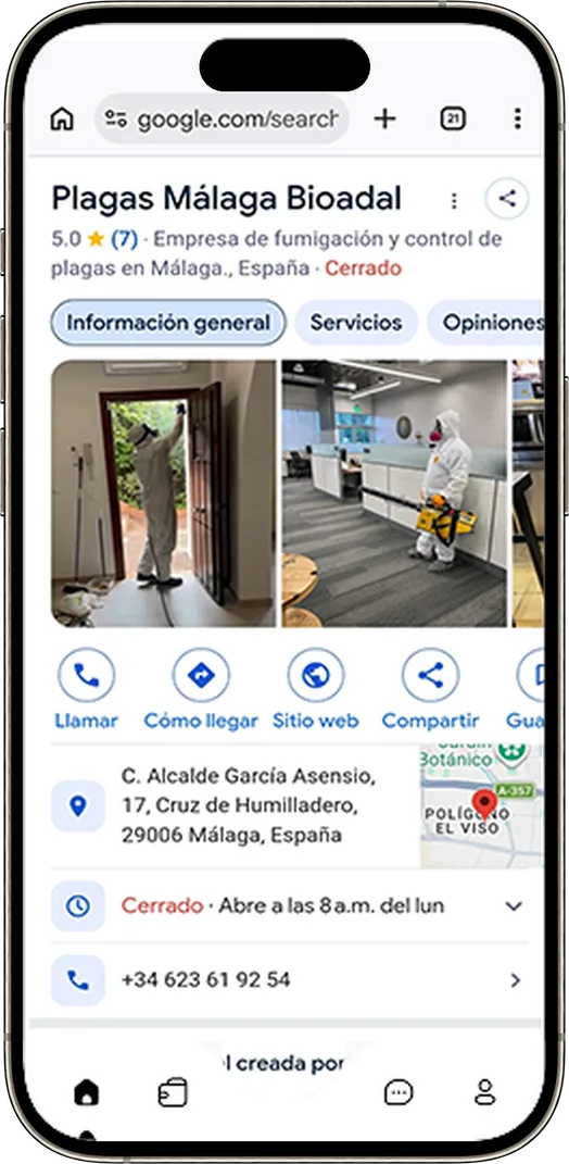 Móvil con la ficha de Google real de nuestro cliente de control de plagas en Málaga