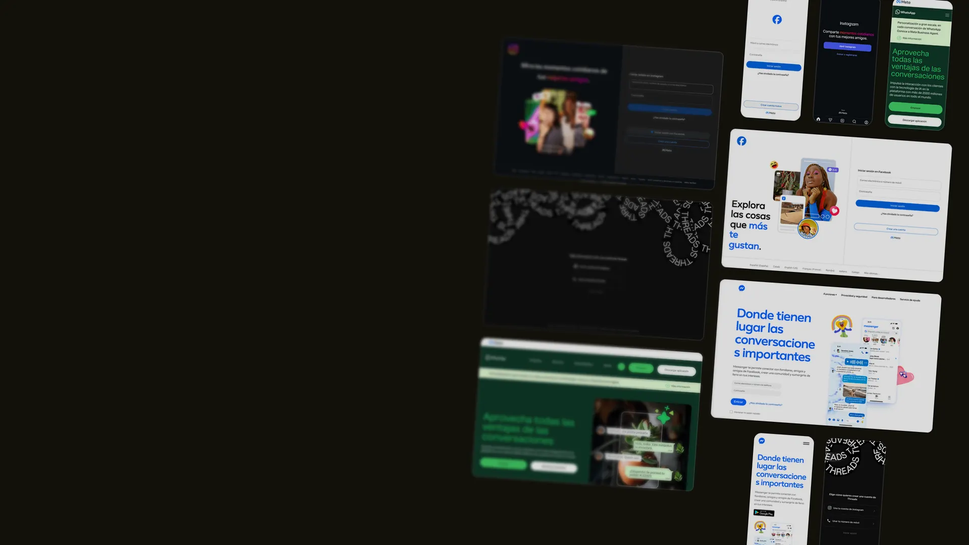 Portadas públicas de Facebook, Instagram, WhatsApp, Messenger y Threads, las cinco redes de Meta donde puede salir tu anuncio